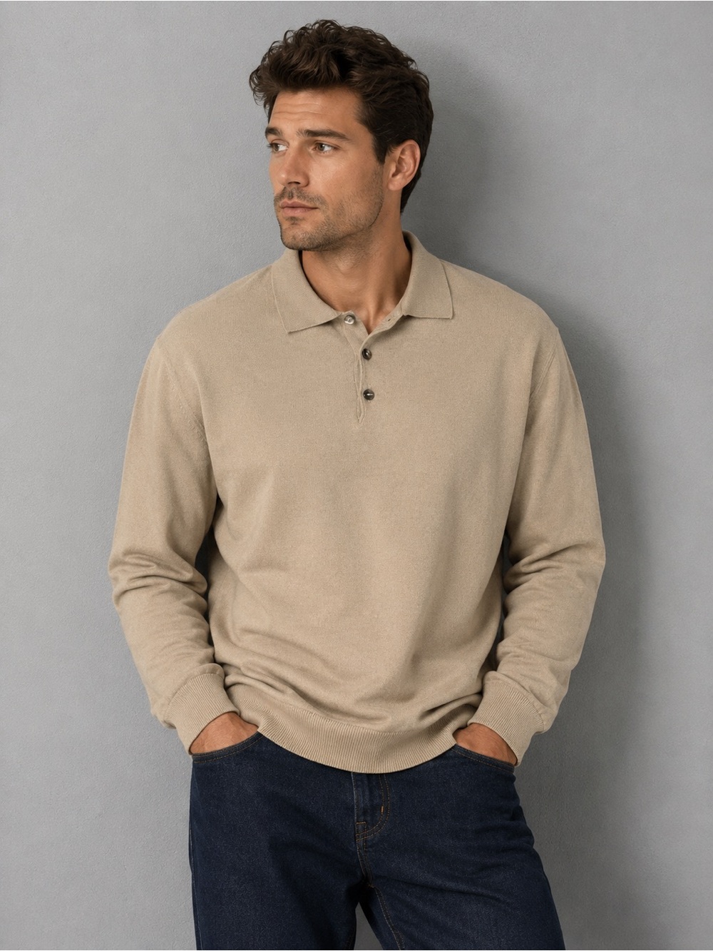 Vintage Alan Stuart Men's Beige Long Sleeve Polo Shirt wool Italy XL